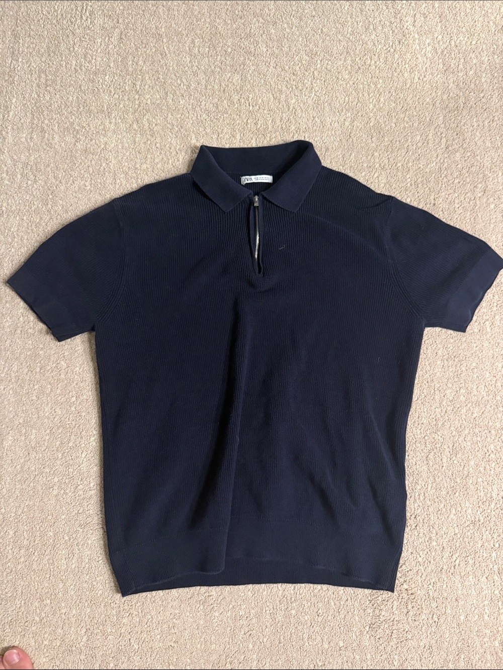 Zara Men’s Navy Short-Sleeve Polo with Zip Collar